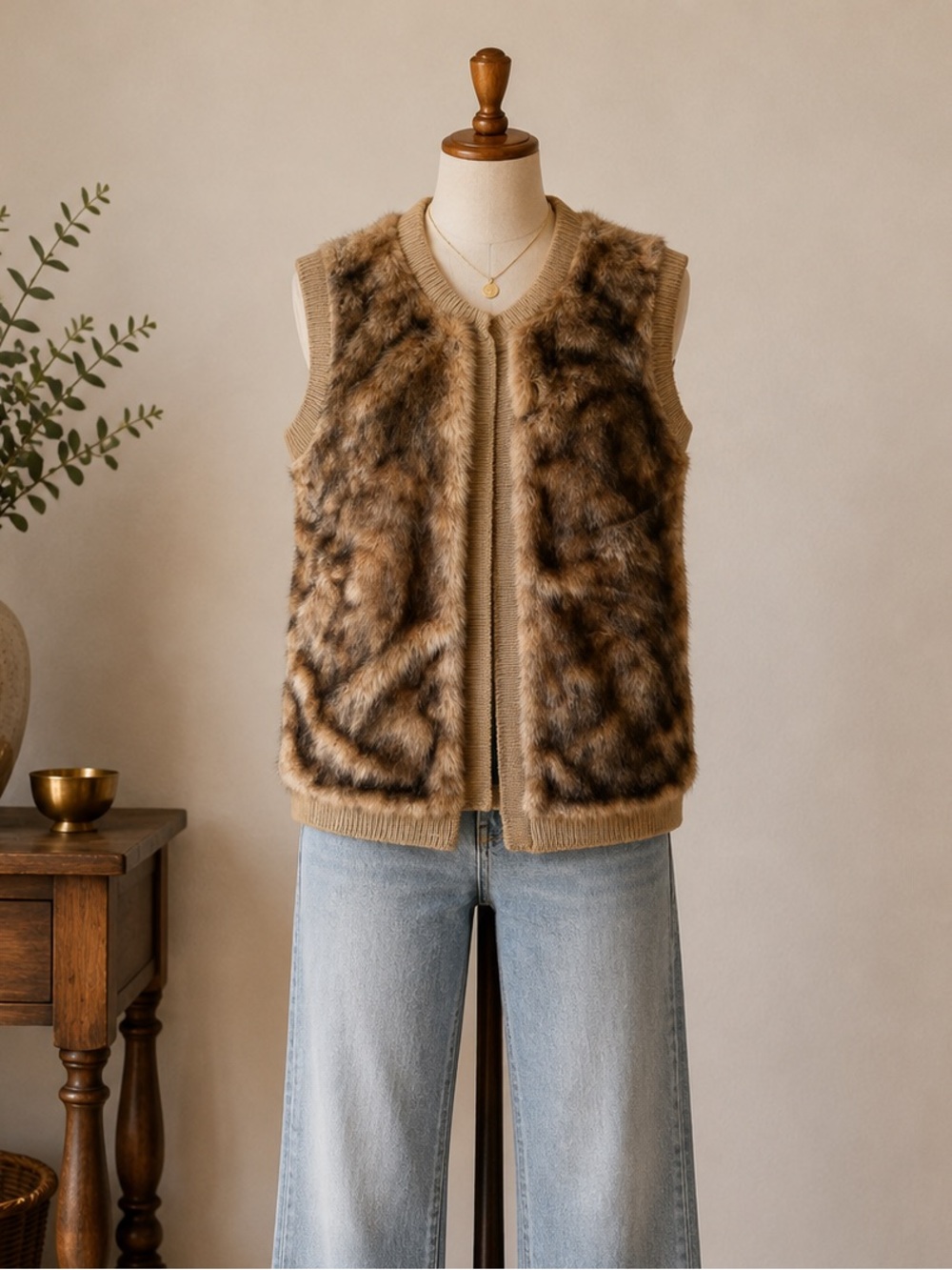 Twik Simons Brown Faux Fur Knit Sweater Vest Cozy Open Front Cabin Core Size S